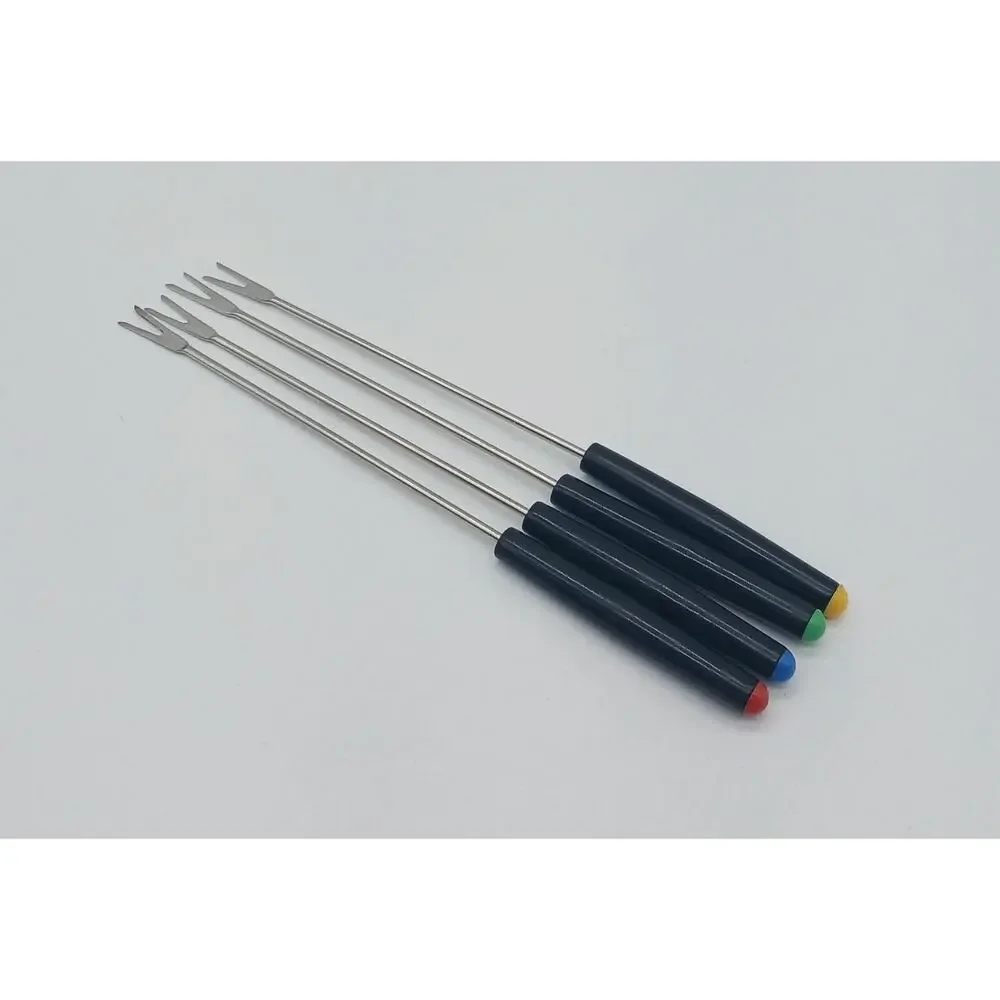 Set of 4 Vintage Fondue Forks Black Plastic Handles Red Yellow Green Blue Ends